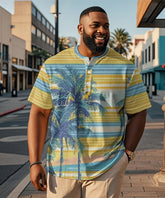 Men's Plus Size Daily Casual Yellow Striped Coconut Tree Print Henley Collar Button Short Sleeve T-Shirt